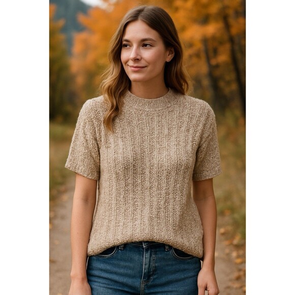 Orvis Women’s Oatmeal Chunky Knit Short Sleeve Sweater Cozy Casual Classic Med - Picture 2 of 8